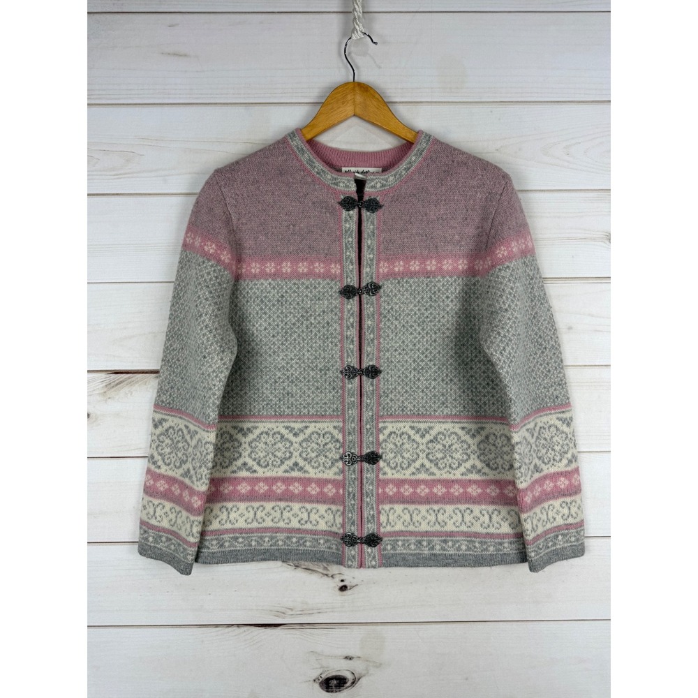 Telluride Clothing Co Sweater M Pink Grey Wool Nordic Fair Isle Clasp Cardigan